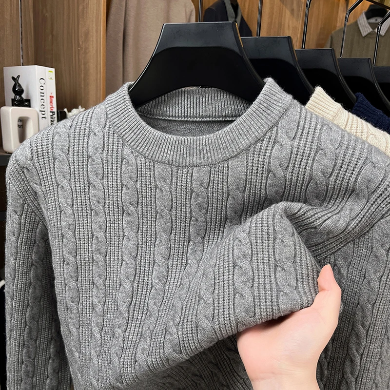 High Quality Man Long Sleeves Knitted Sweater Round Neck Cable Design Warm British Style Thicken Autumn New Leisure Leisure Mens