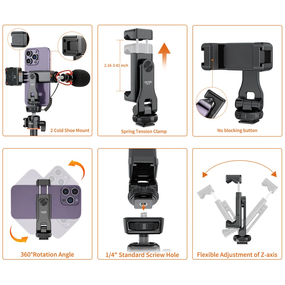 UURIG Tripod dudukan ponsel, logam 360 dapat diputar dengan sepatu dingin untuk mikrofon klip ponsel untuk Iphone 14 13 12 Samsung ponsel pintar