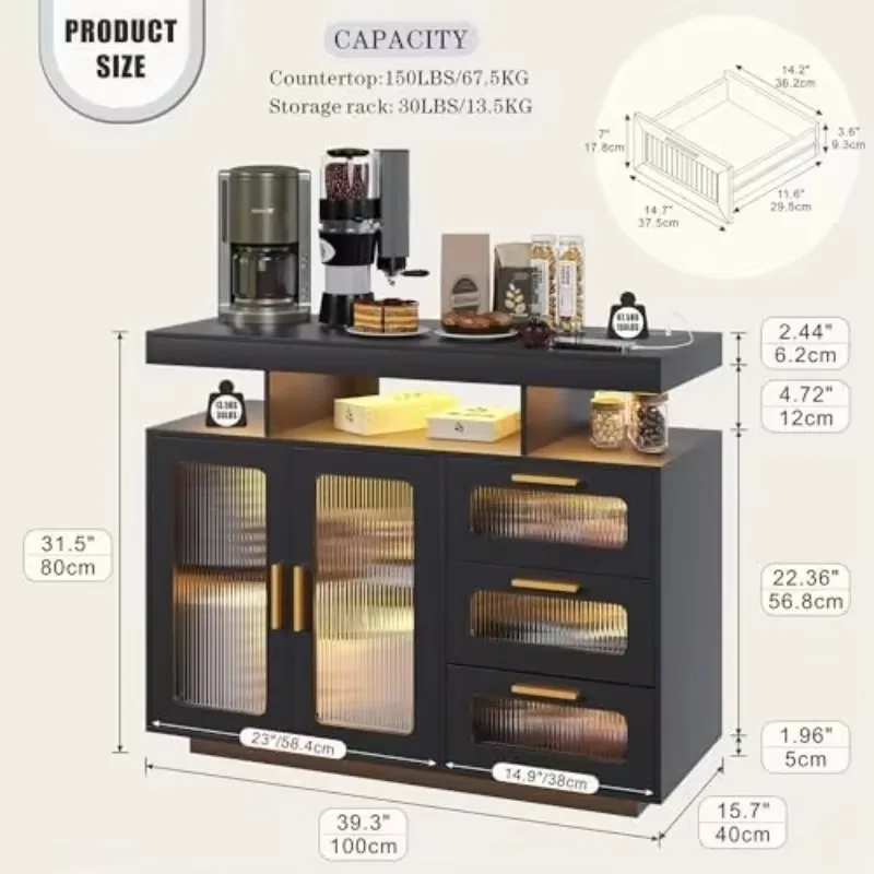 Coffee Bar Cabinet with RGB Light & Charging Station, Black | Multiple Colour Lights Modes, Spacious Tabletop, 3