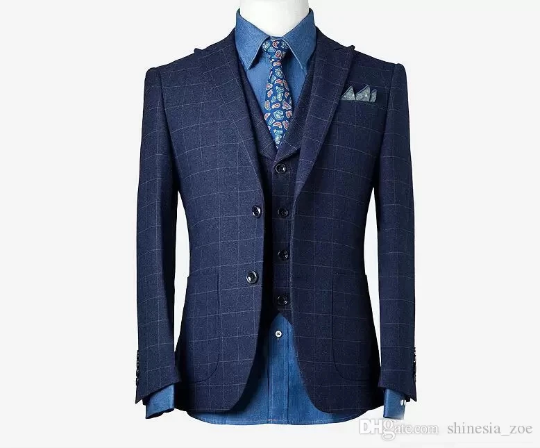 Navy Blue Plaid New Arrival Men Suit Tailor-Made 3 Pieces Blazer Vest Pants Single Breasted Wedding Groom Causal Prom Tailored