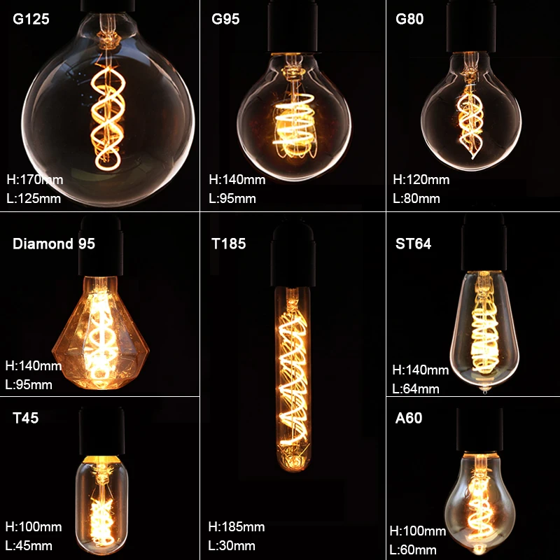 Retro LED Filament Bulb Spiral Light E27 A60 T45 ST64 T185 G80 G95 G125 4W Decoration Lighting Retro Vintage Edison LED Lamp