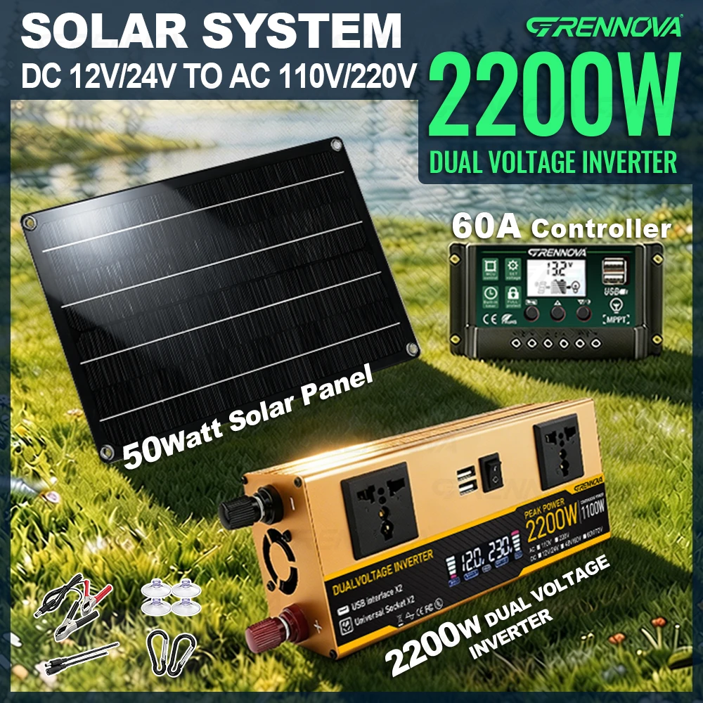 2200W Peak Solar Inverter Kit High Efficiency Rated 1100W Dual Voltage DC12V/24V AC110V/220V Controller 50W Panel for Outdoor RV