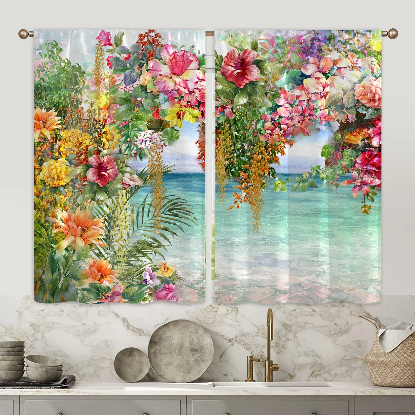 2pcs Soft and Elegant Watercolor Flower Semi-Blackout KitchenCurtain-Enhance Your Home Décor