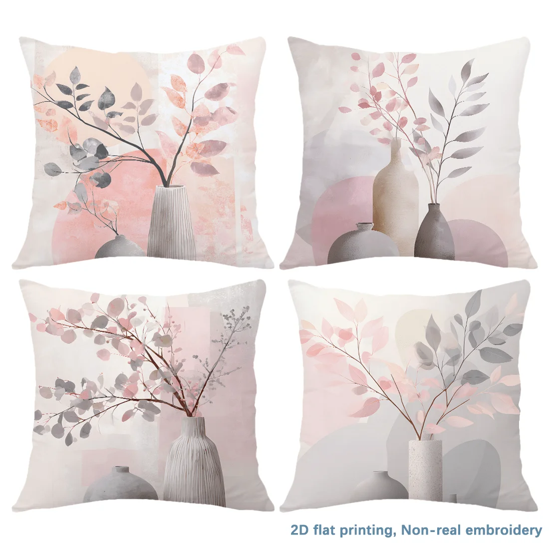 Set of Four Throw Pillow Covers with Soft Watercolor Floral and Vase Artwork for Living Room Decor