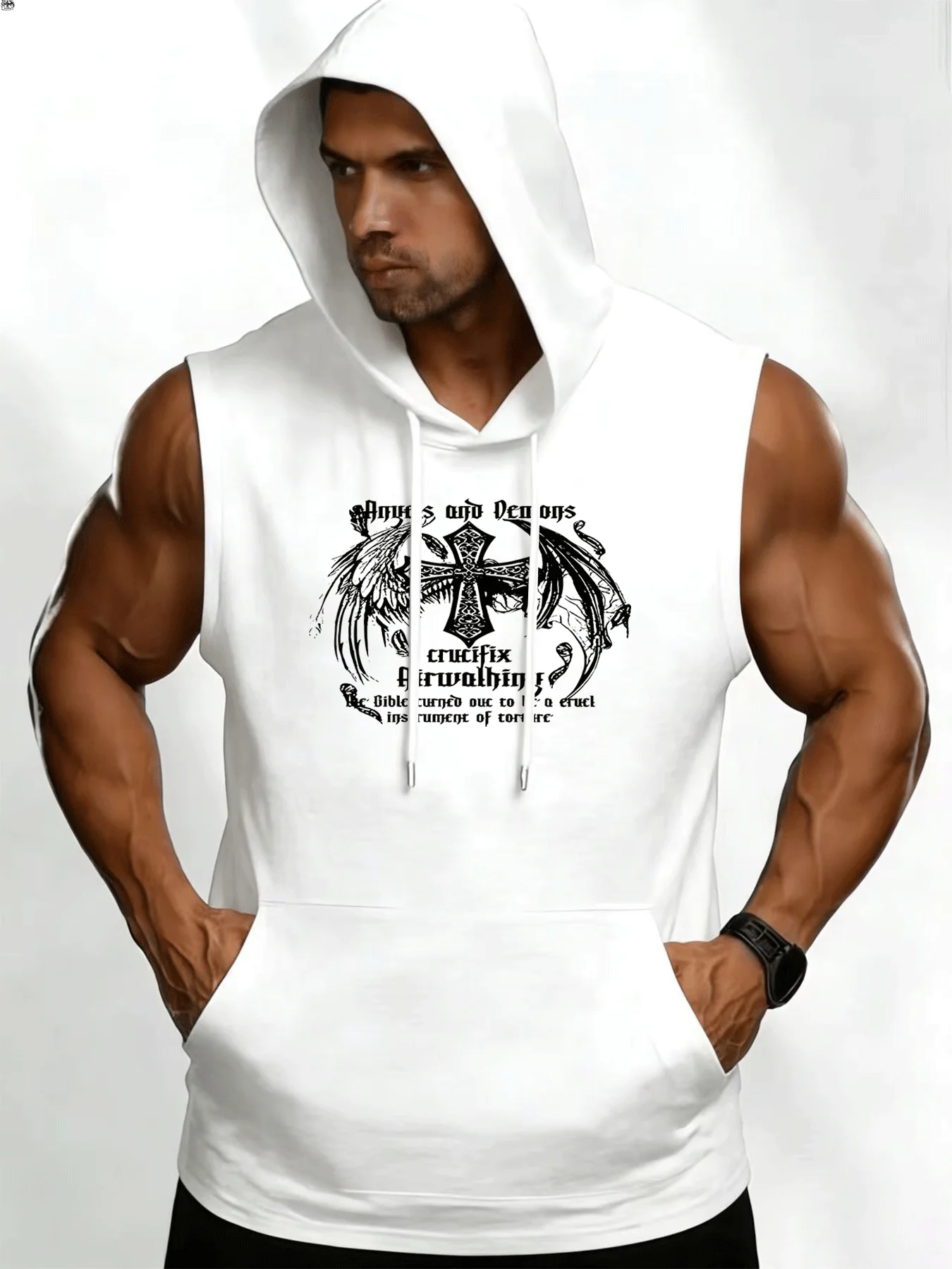 Summer sleeveless hooded pullover polyester fitness sports hooded T-shirt with kangaroo pocket pullover
