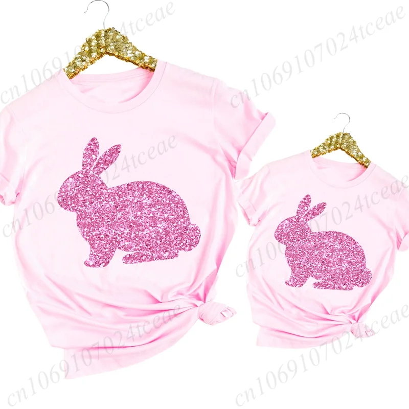 Glitter Easter Bunny Print Women T-shirt Tshirt Summer Bunny Anime Graphic Fashion Female T Shirts Casual Woman Tops Clothing