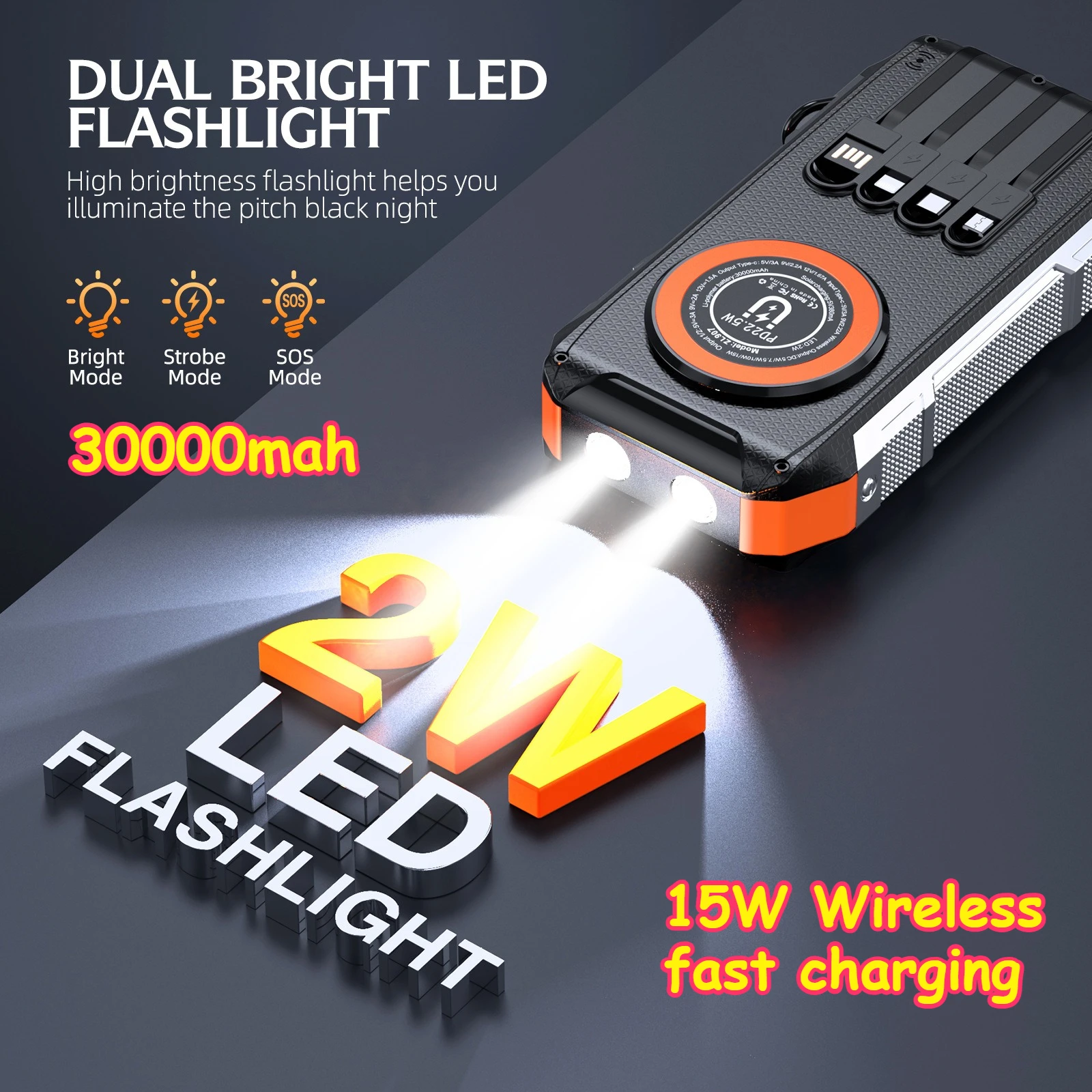 15W Wireless Fast Charging Solar Power Bank with Super Bright LED Lights Built-in Cable Spare Battery for IPhone Xiaomi Samsung