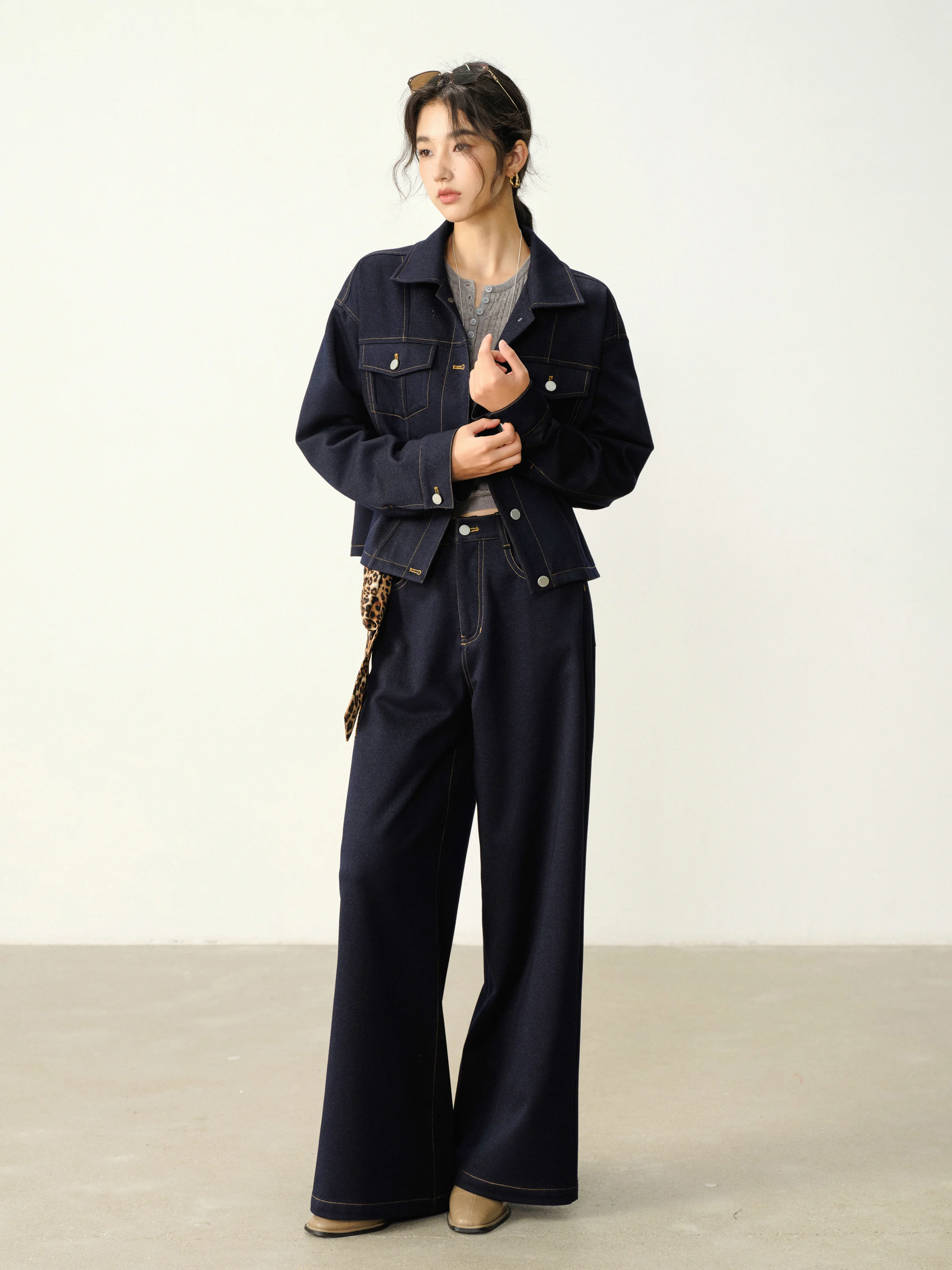 Vintage Loose Denim Jacket Dark Blue Drop Shoulder Jean Coat Casual Autumn Lapel Outerwear Women Retro American Style Fashion