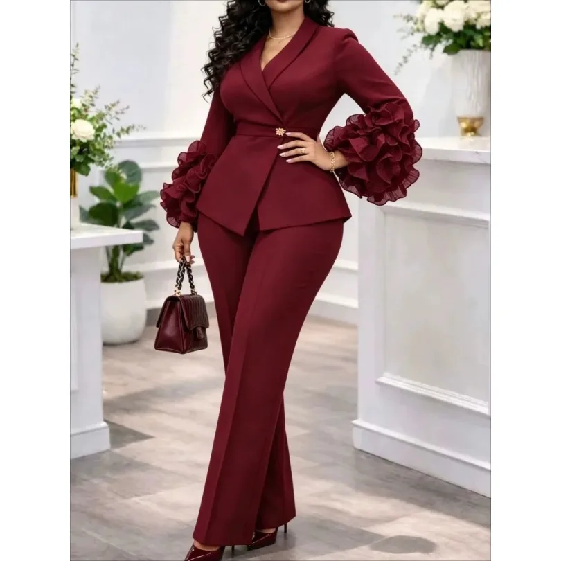 Women Two Piece Suit Notched Lapel Ruffle Flare Long Sleeve Blazer High Waist Straight Leg Pants Office Business Church Autumn