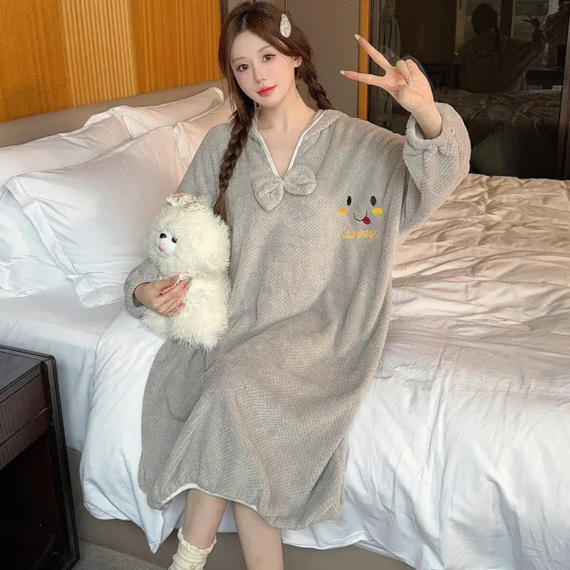 

Girl Nightdress Bathrobe Ins Flannel Nightwear Coral Fleece Pj Thicken Sleepwear Keep Warm Homewear Sweet Cute Women's Pajamas