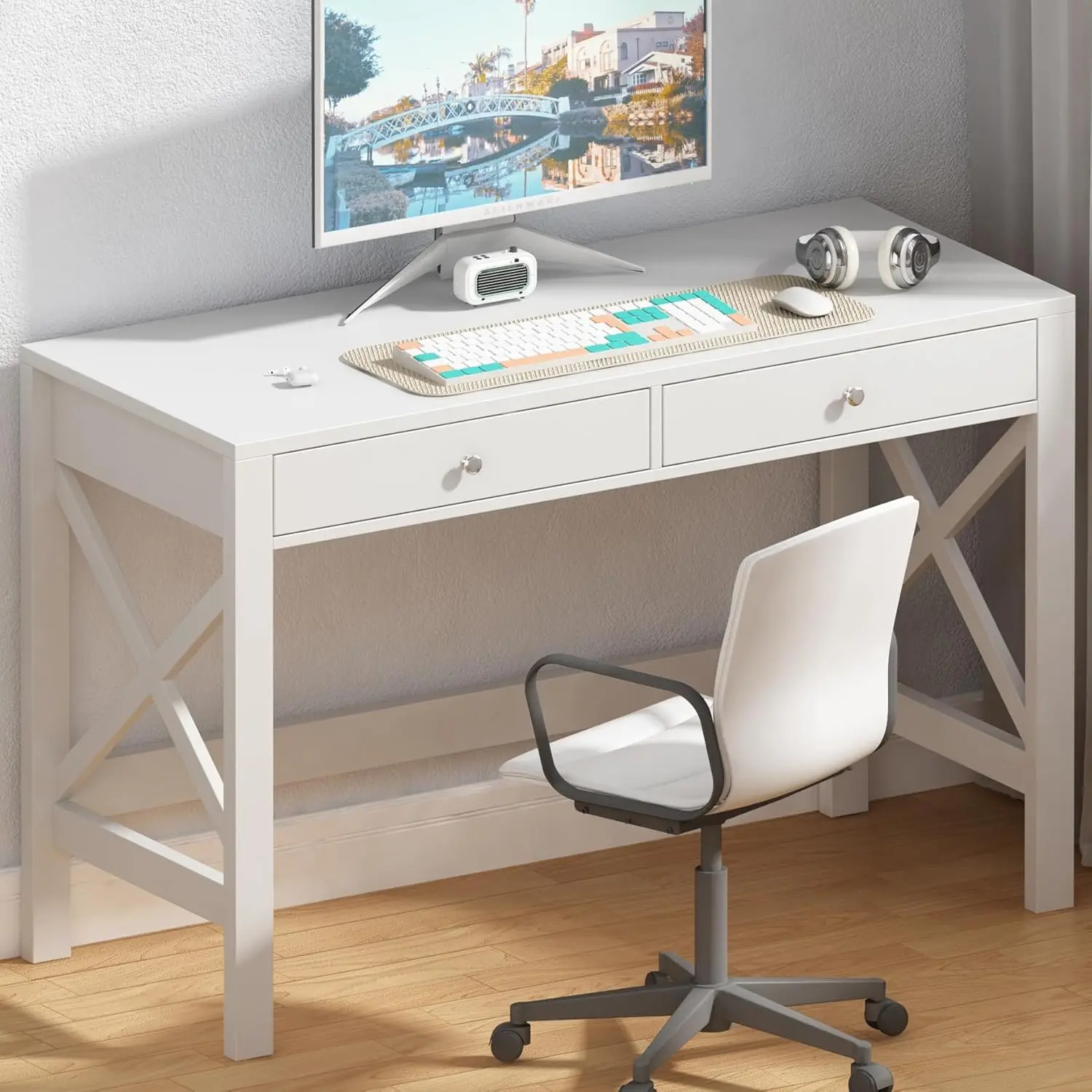 Computer Desk Study for Home Office, Modern Simple 40 Inches White Desk with Drawers, Makeup Vanity Console Table