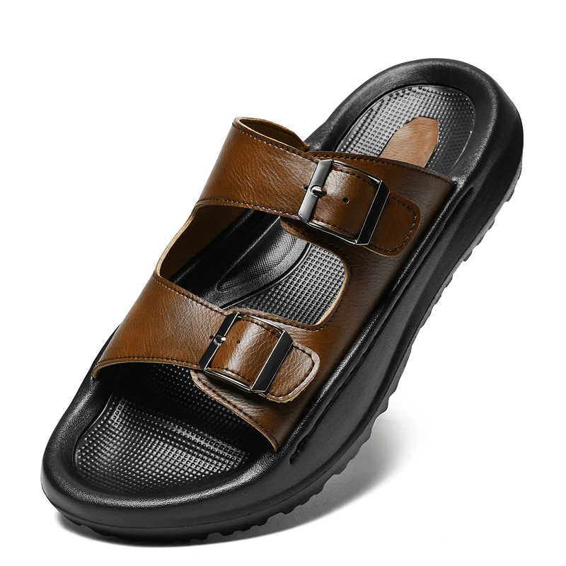 Mens Slip On Sandals Leather Slippers With Double Buckle Soft Comfort Summer Slide Slipper Casual Shoes Thick Soles 3cm