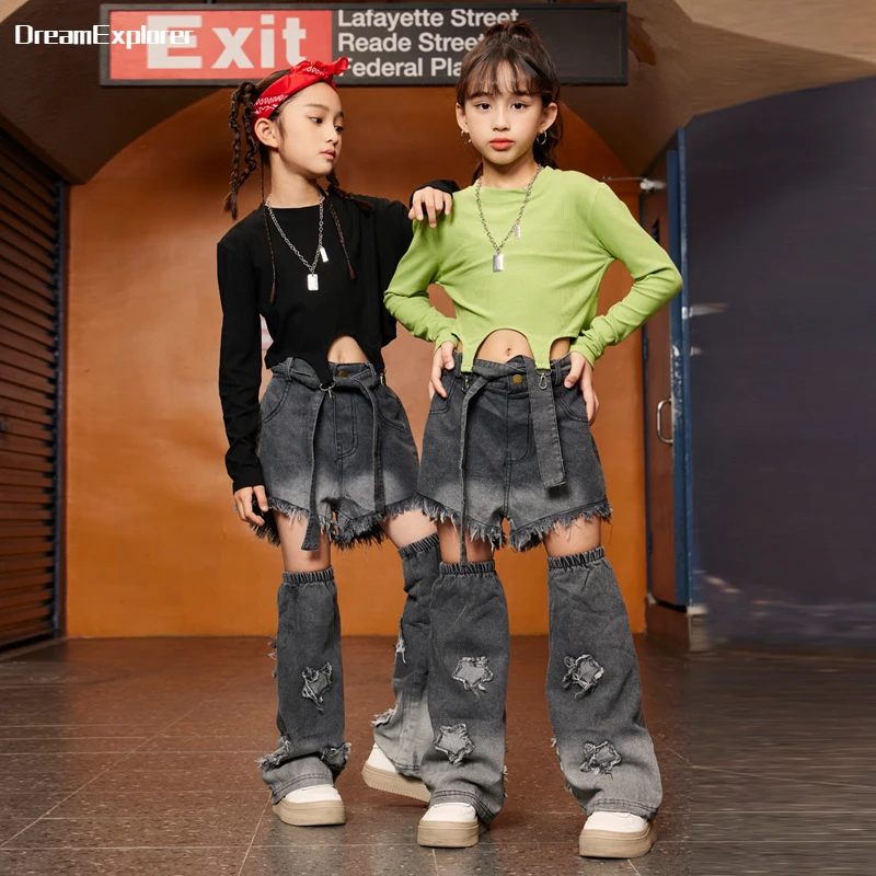 Girls Hip Hop Crop Top Street Dance Jeans Pants Child Sweatshirt Two Sections Shorts Streetwear Clothes Sets Kids Jazz Costumes