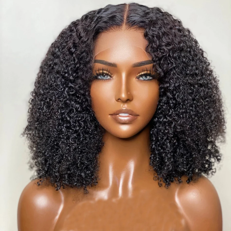 Perruque Bob Lace Front Wig crépue bouclée sans colle pour femmes noires, cheveux de bébé courts et doux, densité 180, préplumée, degré de chaleur, noir naturel