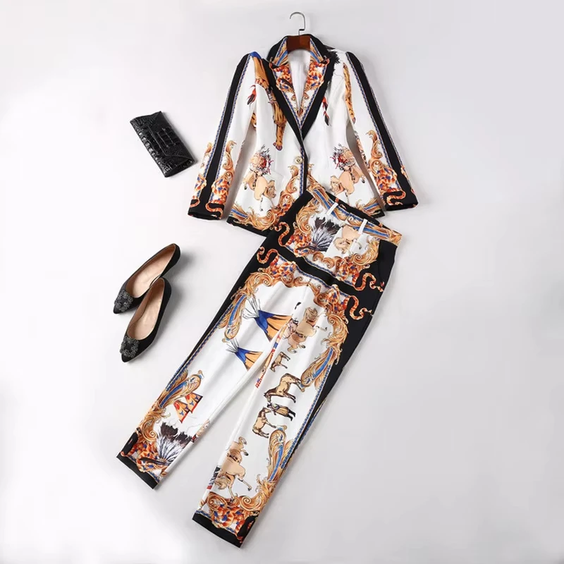 

High Quality Designing Women Vintage Pants Suits Single Button Blazer Slim Trousers Runway Printing Two Pieces Sets Outfits