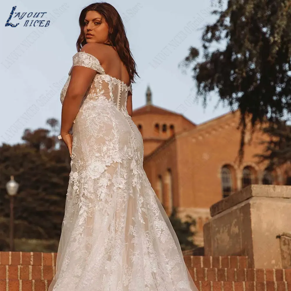 LAYOUT NICEB Sweetheart Neck Appliques abiti da sposa Off spalla maniche corte abiti da sposa bottoni posteriori sirena Tulle vestidoLAYOUT NICEB Sweetheart Neck Appliques abiti da sposa Off spalla maniche corte abiti