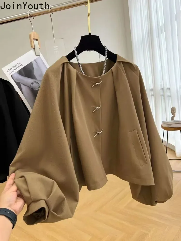 Lantern Sleeve Jackets for Women Loose O-neck Temperament Outwear Crop Tops 2023 Ropa Mujer Fashion Vintage Solid Color Coat