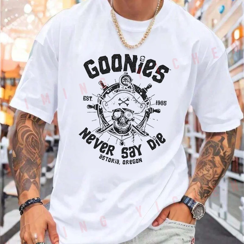 Goonies Never Say Die Retro Officially Inspired 80s Movie Logo Iconic Skull T-Shirt Moto Summer Men's Casual O-Neck Tops Tee