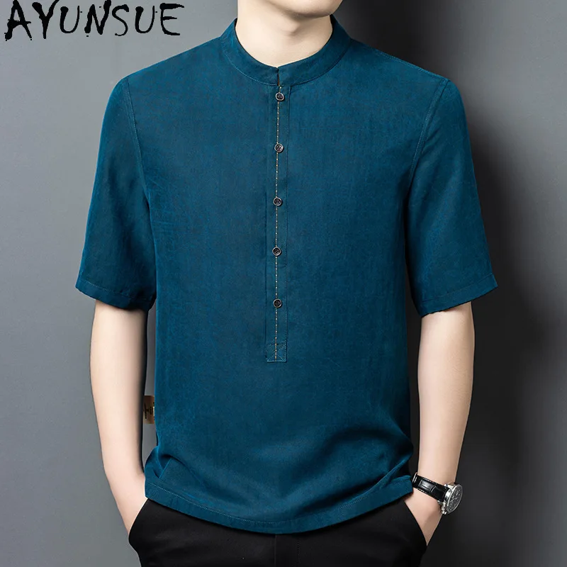 AYUNSUE High-end 100% Real Mulberry Silk Shirt for Men Summer Short Sleeve Shirts Stand Collar Loose Reversible Shirts Chemise