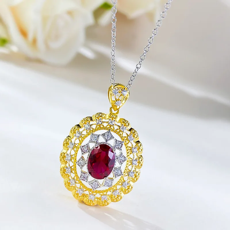 Apaison 6*8 mm Lab Ruby 925 Sterling Sliver Bridal Jewelry Gift Necklace Pendant For Women