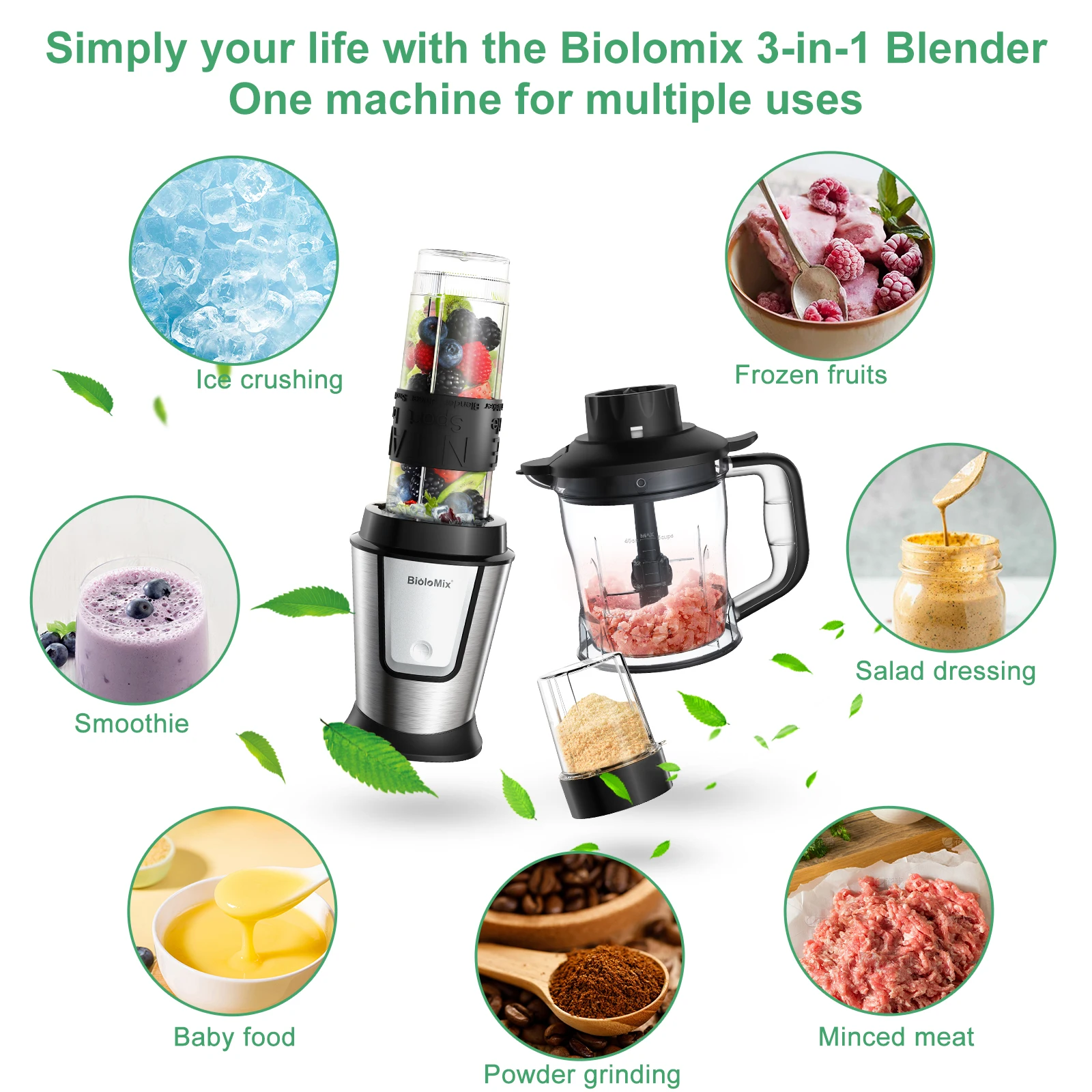 BioloMix 3-in-1 Multifunctional Food Processor 700W Portable Juicer For Baby, Blender Personal Smoothie Mixer Food Chopper