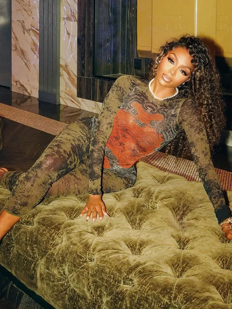 Sisterlinda 인쇄 슬림 오-넥 긴 소매 점프 슈트 여성 섹시한 인기 바디 쉐이핑 Vestidos 소녀 파티 레저 연필 바지