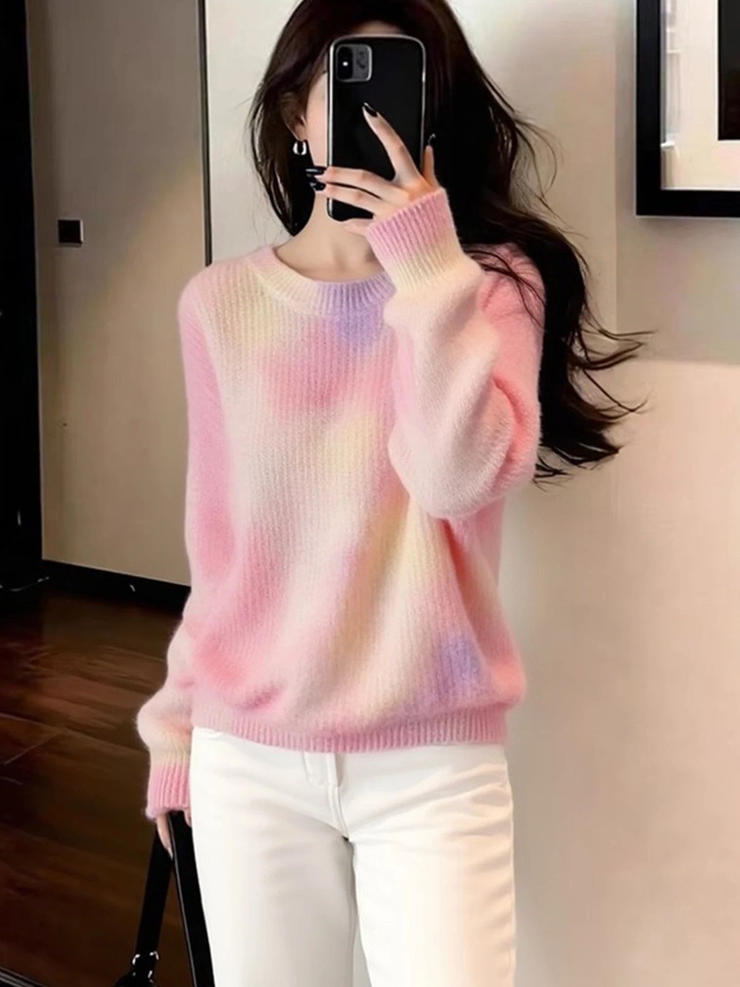 Sweet Gradient Color Knitwear Fashionable Luxury Light Versatile Top for Women round Neck Long Sleeve Soft Cashmere Sweater