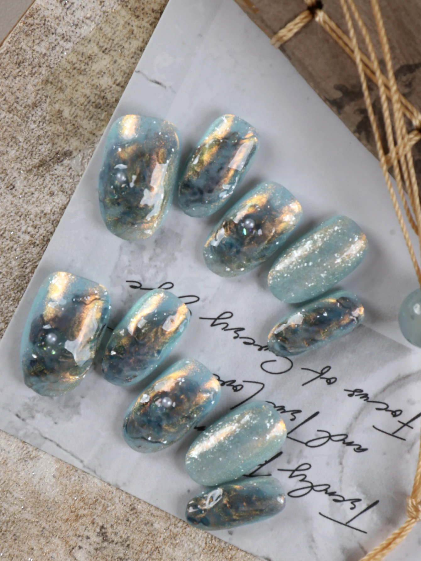 10Pcs Press on Nails  short Blue Cat Eyes mirror surface nail art Fake Nails Includes 1 Sheet Adhesive Tabs & 1 Pc Mini File