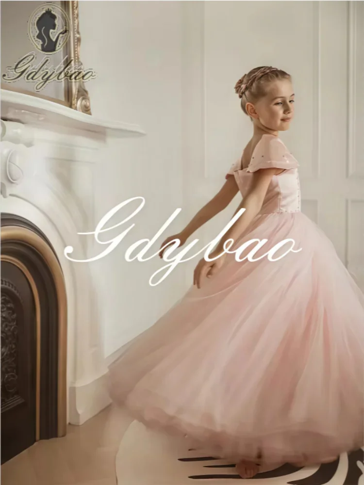 Princess Pink Customized Flower Girl Dresses for Wedding Square Collar Tulle Floor Lenght Kids First Communion Birthday Gowns