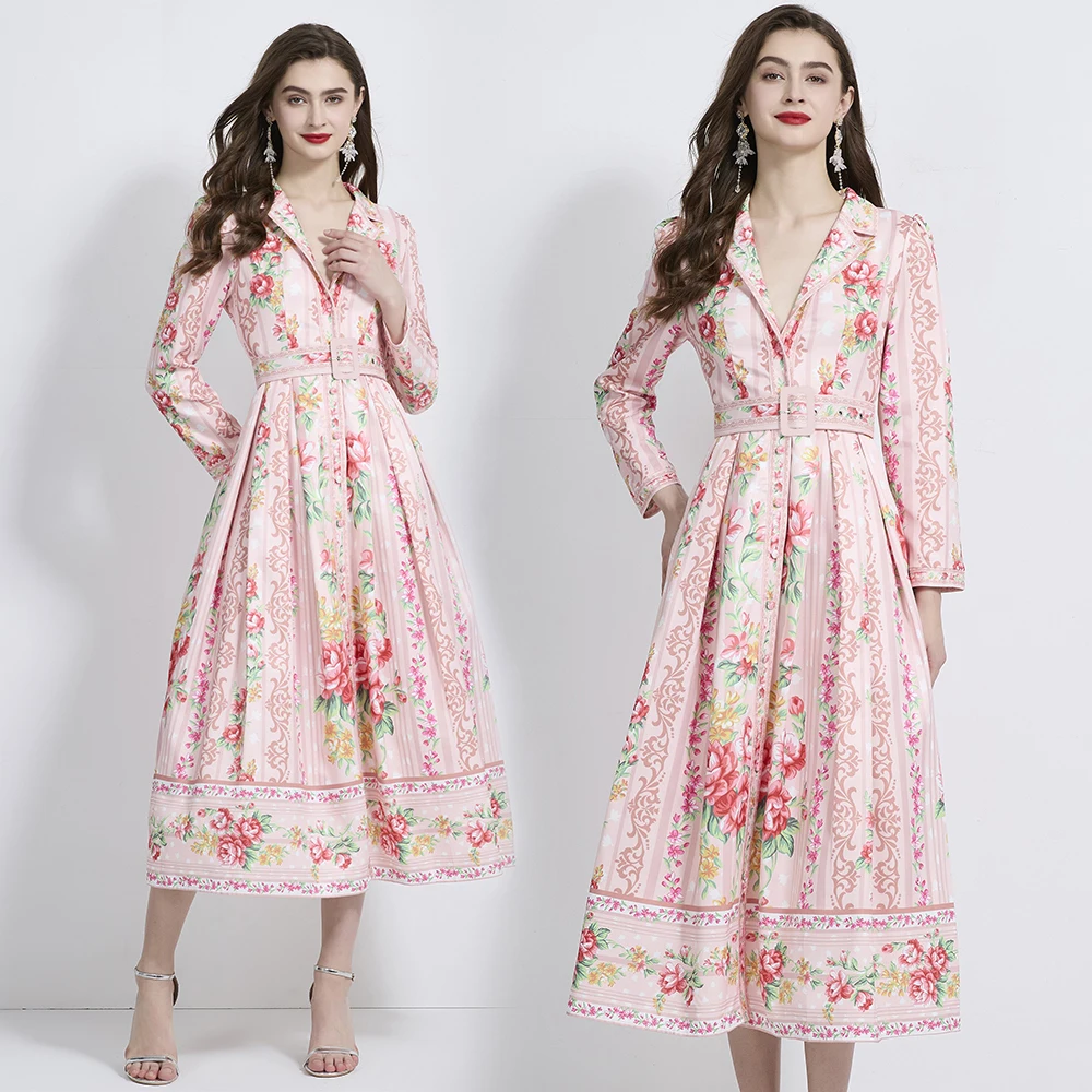 2024 عطلة نمط دعوى طوق تحديد المواقع الأزهار طباعة طويلة الأكمام الخصر cinching تنورة طويلة XY 2109088