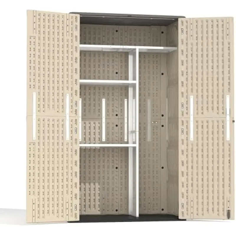7 ft x 4 ft all-weather resin storage cabinet with integrated metal shelving kit, waterproof vertical garden shed featuring lock