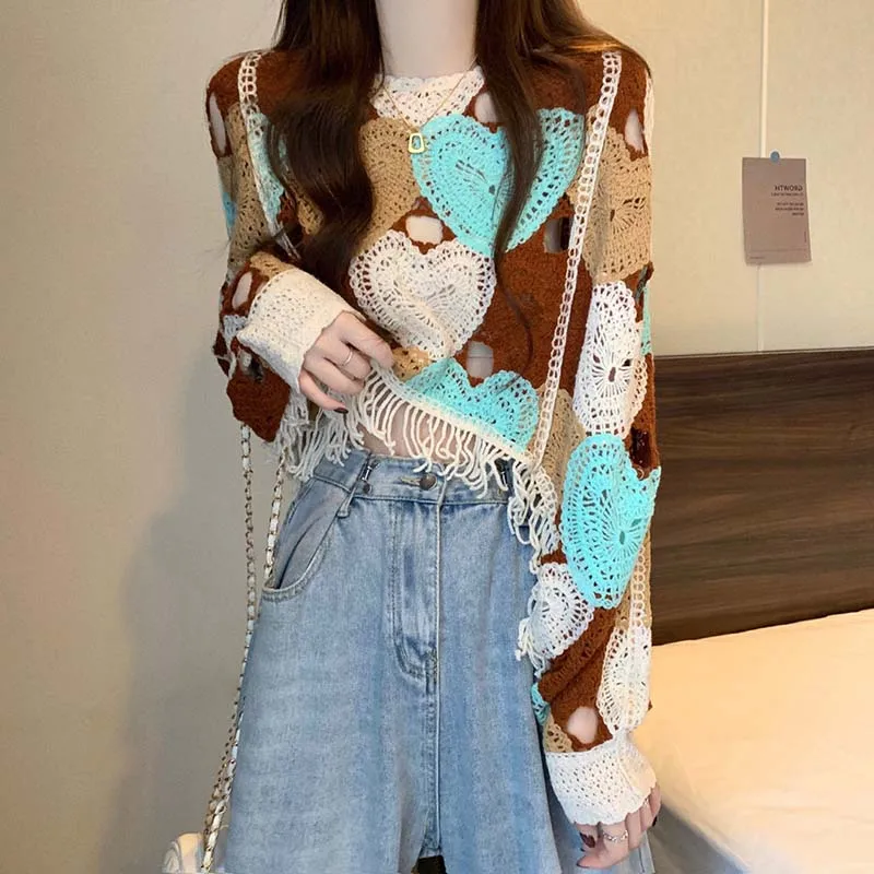 Boring Honey New Design Feels Crocheted Hollow T-Shirt Tassel Loose Sweater Top Fashion O-Neck Bat Sleeve Long Sleeve Top Women 5