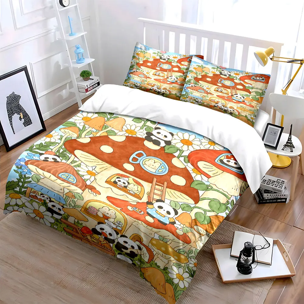 Panda village in mushroom houses Pattern Duvet Cover Set Digital Print Colorful Polyester Bedding with Zipper Closur for gifts