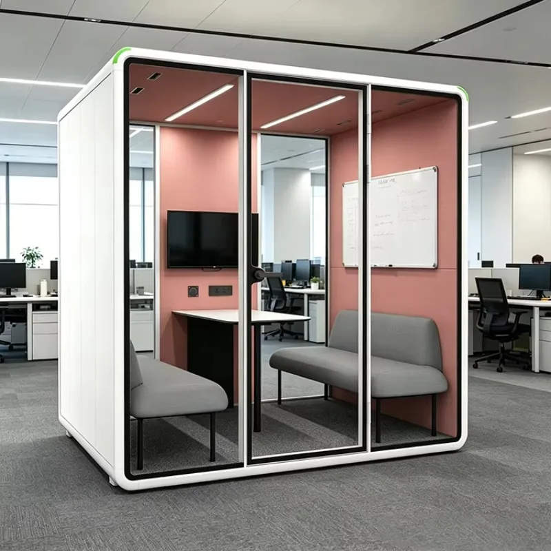 Indoor Soundproof Open Plan Office Privacy Work Booth Movable Acoustic Team Collaborative Reduce Noise Efficient Meeting Pod