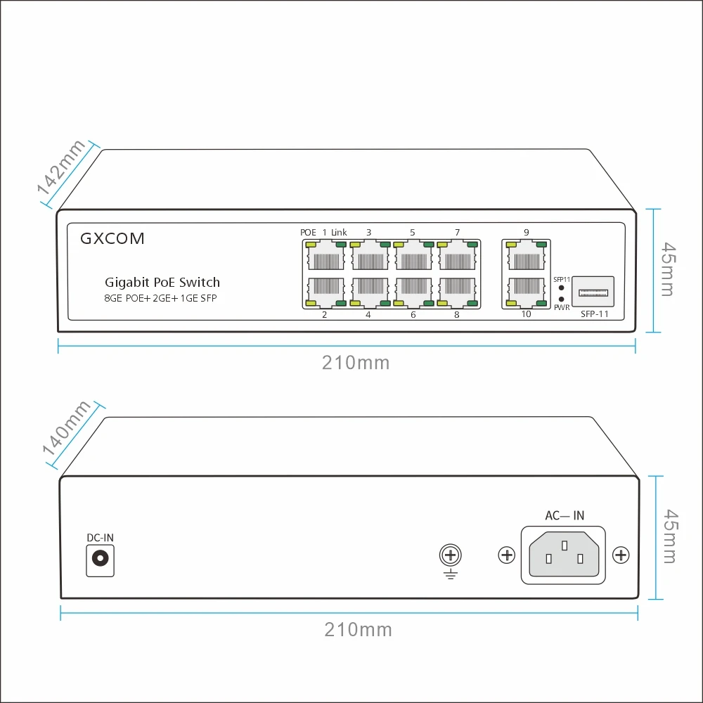 フルギガビット 8 ポート PoE スイッチ、2*1G RJ45 アップリンクおよび 1*1G SFP 搭載