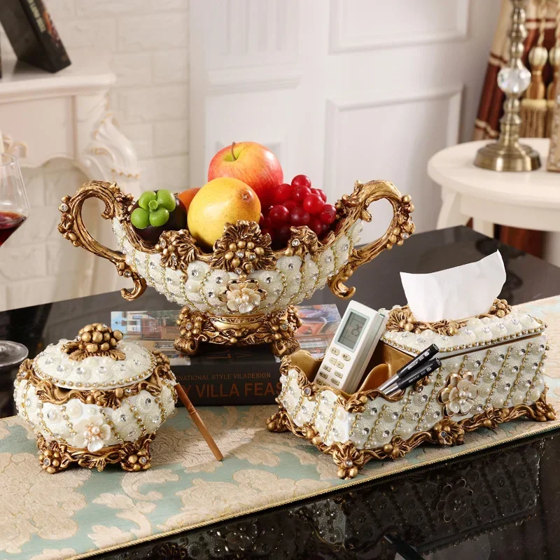 European Palace Luxury Diamond Resin Fruit Plate Figurines Crafts Home Livingroom Ashtray Storage Box Table Ornament Decoration