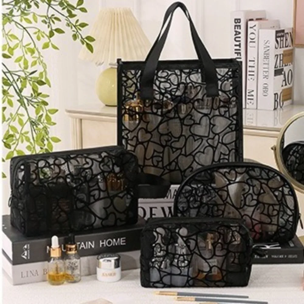 Fashion Portable Cosmetics Storage Bag Mesh Heart Makeup Bag Clutch Bag Women