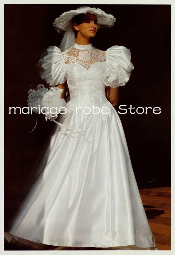 Vintage 1980s' Fairy Wedding Dresses With Puffy Sleeve High Neck Lace Stain Beach Garden Church Bridal Gown vestidos novias boda