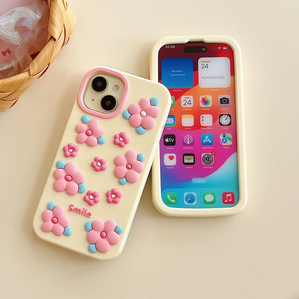 

3D Cute Small Flowers Phone Case For iPhone 11,12, 13, 14, 15 16 17 Pro Max, Soft Silicone Case, Back Cover, Shockproof, Durable
