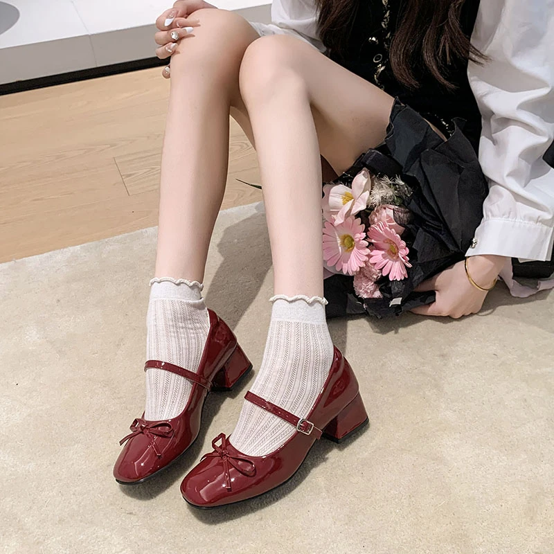 Bow-knot High-heeled Patent Leather Block-heeled Single Shoes for Women 2025 Spring New Style with Skirt Shallow Mary Jane Shoes view 6