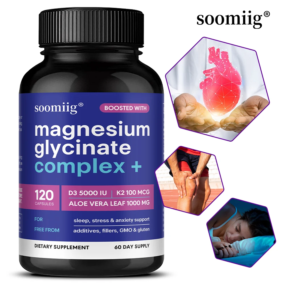 Cápsulas de glicinar de magnesio altamente absorbibles, 120 Uds. Con Aloe Vera D3 K2, apoyan la salud del nervio del corazón del hueso del sueño de relajación muscular