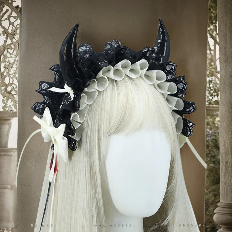 Demon Horn Dark Devil Gothic Dead Hair Lolita Multi-layer Lace Woman Headdress Halloween Black White Sister Hairband