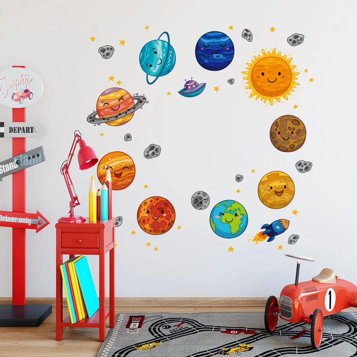 

4pcs Cosmic Starry Sky Cartoon Wall Sticker Children's Room Living Room Decoration Creative Mural Wall Sticker Wallpaper Y1585