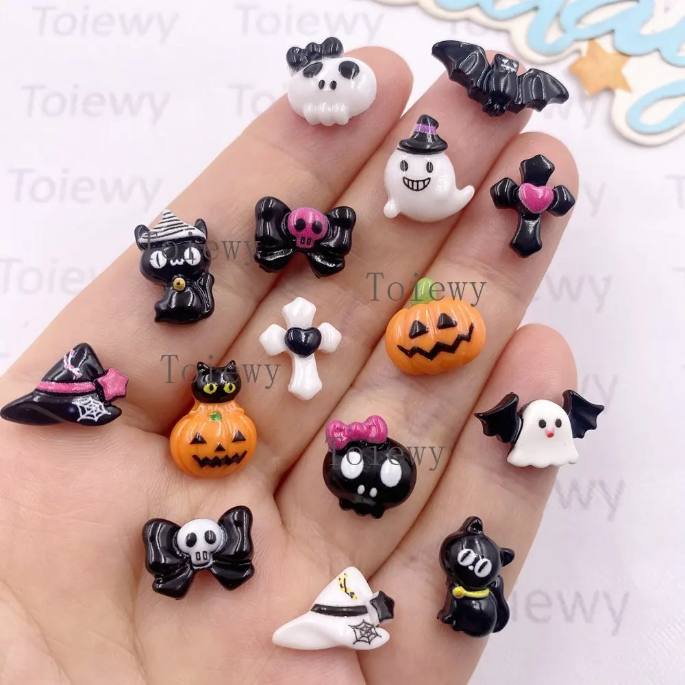 30 pçs resina mini colorido pintado morcego abóbora crânio arco gato estatuetas parte traseira plana scrapbook diy decoração de halloween artesanato acessórios