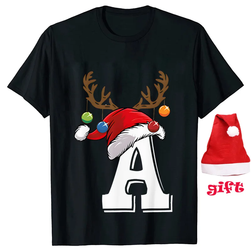 Funny Christmas Party Tshirt Fashion Women T Shirt Tops Short Sleeves T-shirt 26 A~Z Alphabet Casual Tees with Santa Hat Gift