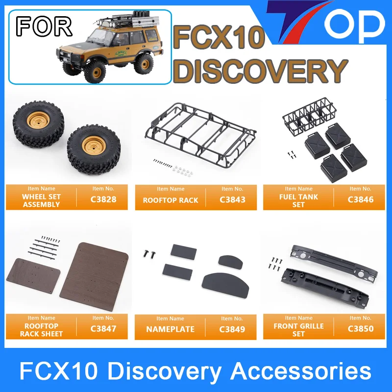 FMS1/10 FCX10 Discovery Camel Trophy Original Spare Parts Car Body Bumper Mirror Wiper Light Cup Decal Rooftop Rack Upgrade