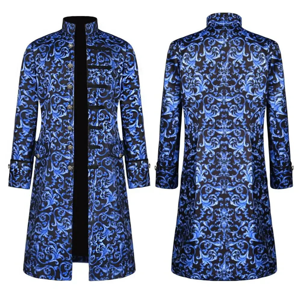 

Vintage Medieval Men's Long Sleeve Tailcoat Blue Print Jacket Overcoat Outwear with Standing Collar Prince Style