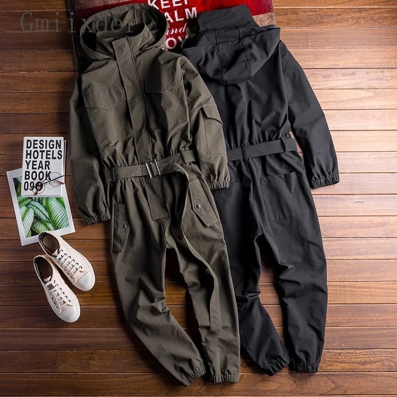 

Spring Autumn Hiphop Workwear Bodysuit Men's British Korean Hooded Rompers Couples' Feet Tie High Street Cargo Jumpsuit