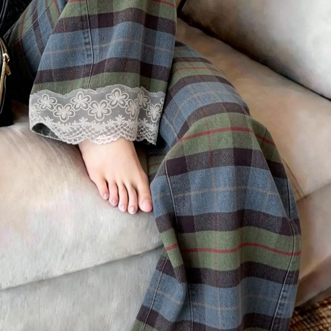 Summer Large Size 300 Pounds Plaid Lace  Wide Leg Pants Casual Loose High Waist Straight Tube Long Trousers for Men