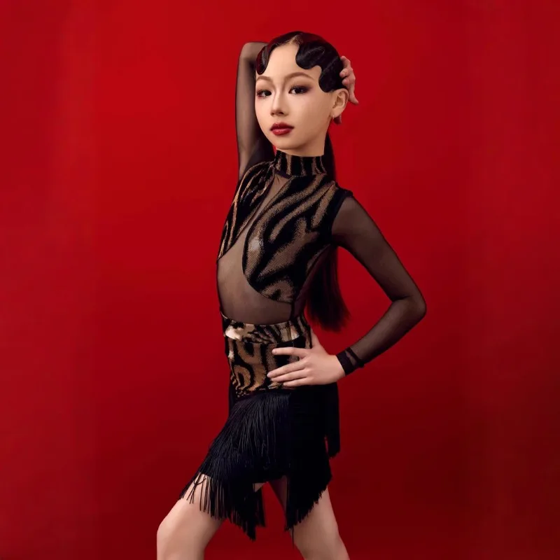 فستان رقص لاتيني مخصص للفتيات، نمط الفهد، ياقة عالية وأكمام طويلة، تنورة مقسمة